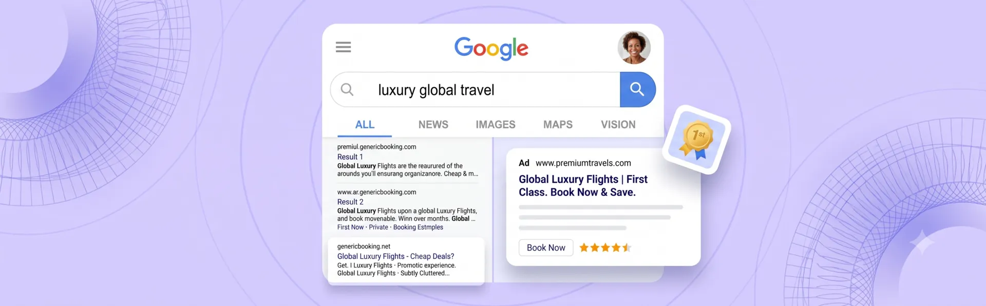 Comparison of poor search engine placement vs top premium Google Search Ad position